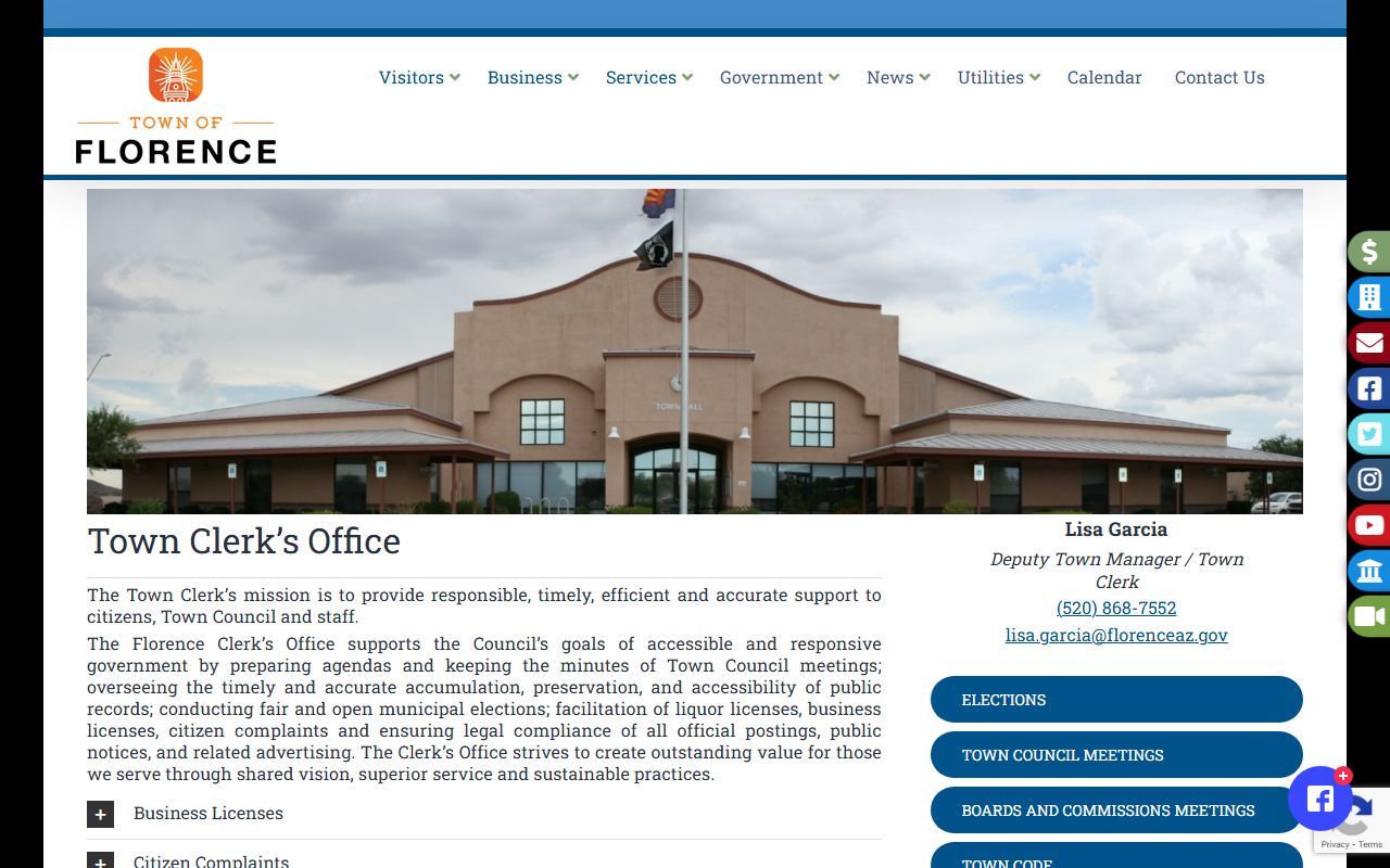 Florence Town Clerk homepage for white pages and public records