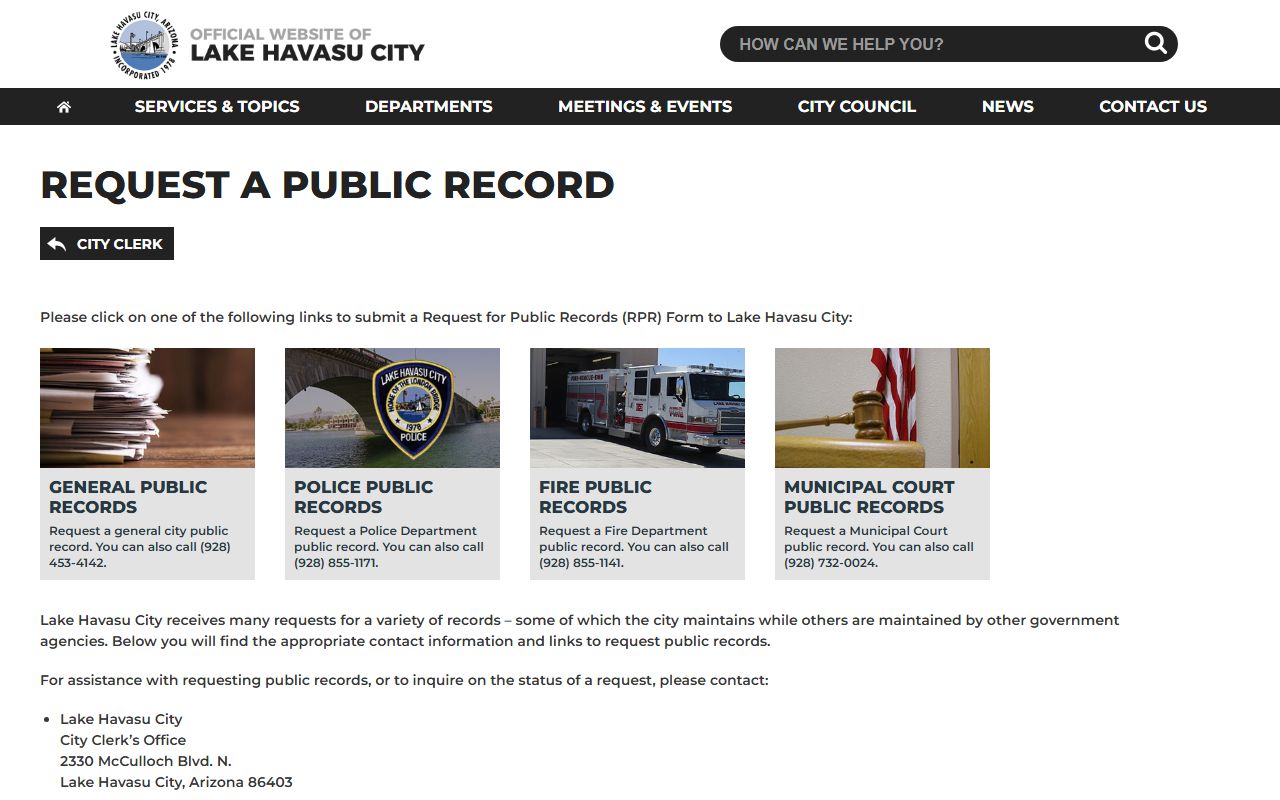 Lake Havasu City public records page for white pages searches