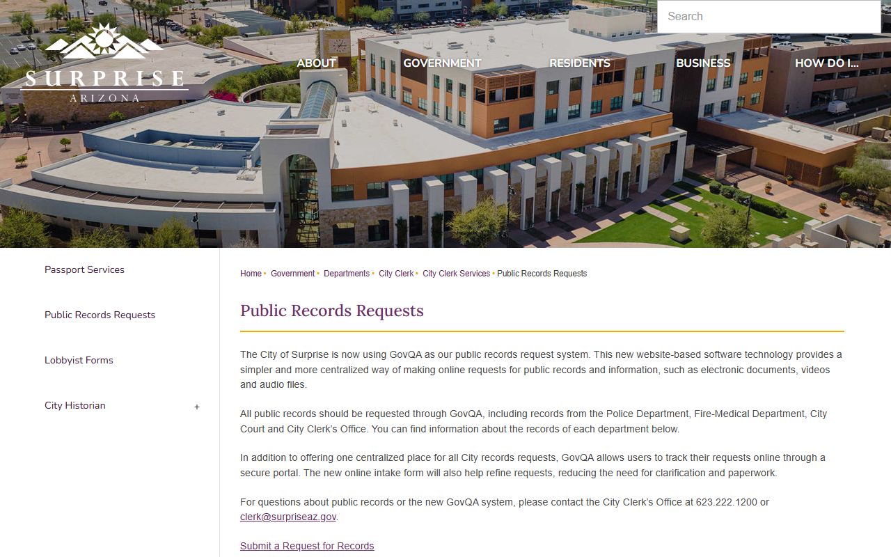 Surprise Arizona public records request page for white pages searches
