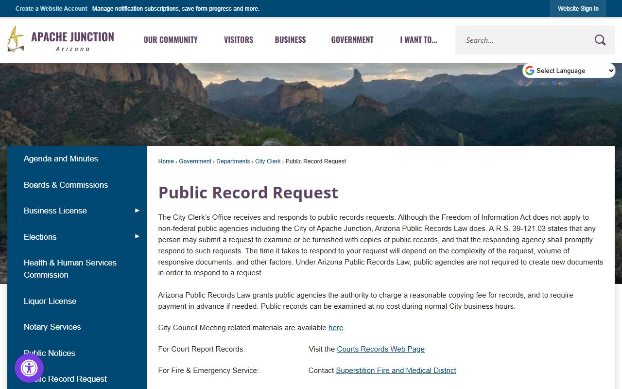 Apache Junction public records request page for white pages searches