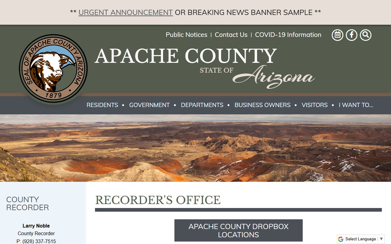 Apache County Recorder homepage for white pages and property searches