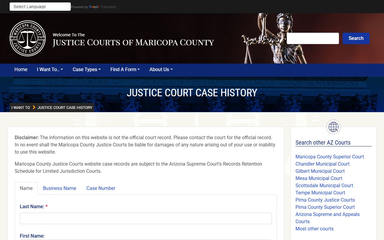 Maricopa County Justice Courts case search for white pages record lookups