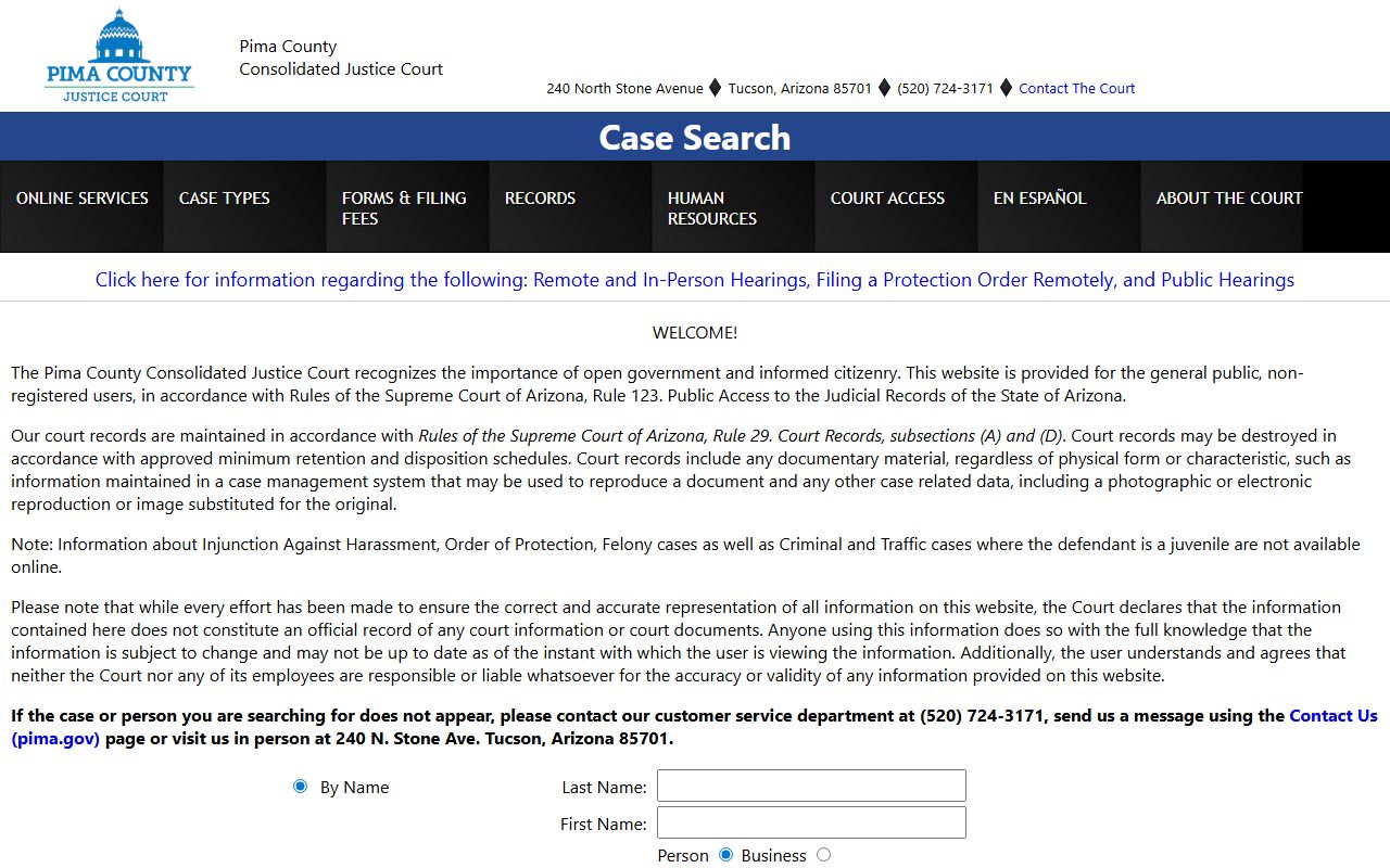 Pima County Justice Court case search for white pages lookups