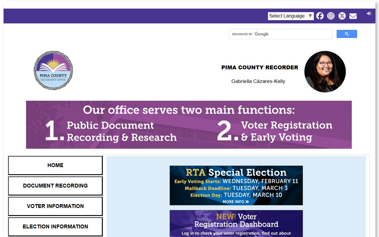 Pima County Recorder homepage for white pages and property searches
