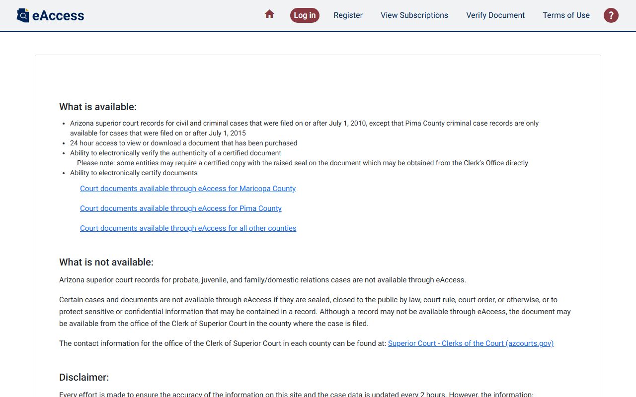 Arizona eAccess court portal for white pages and people searches