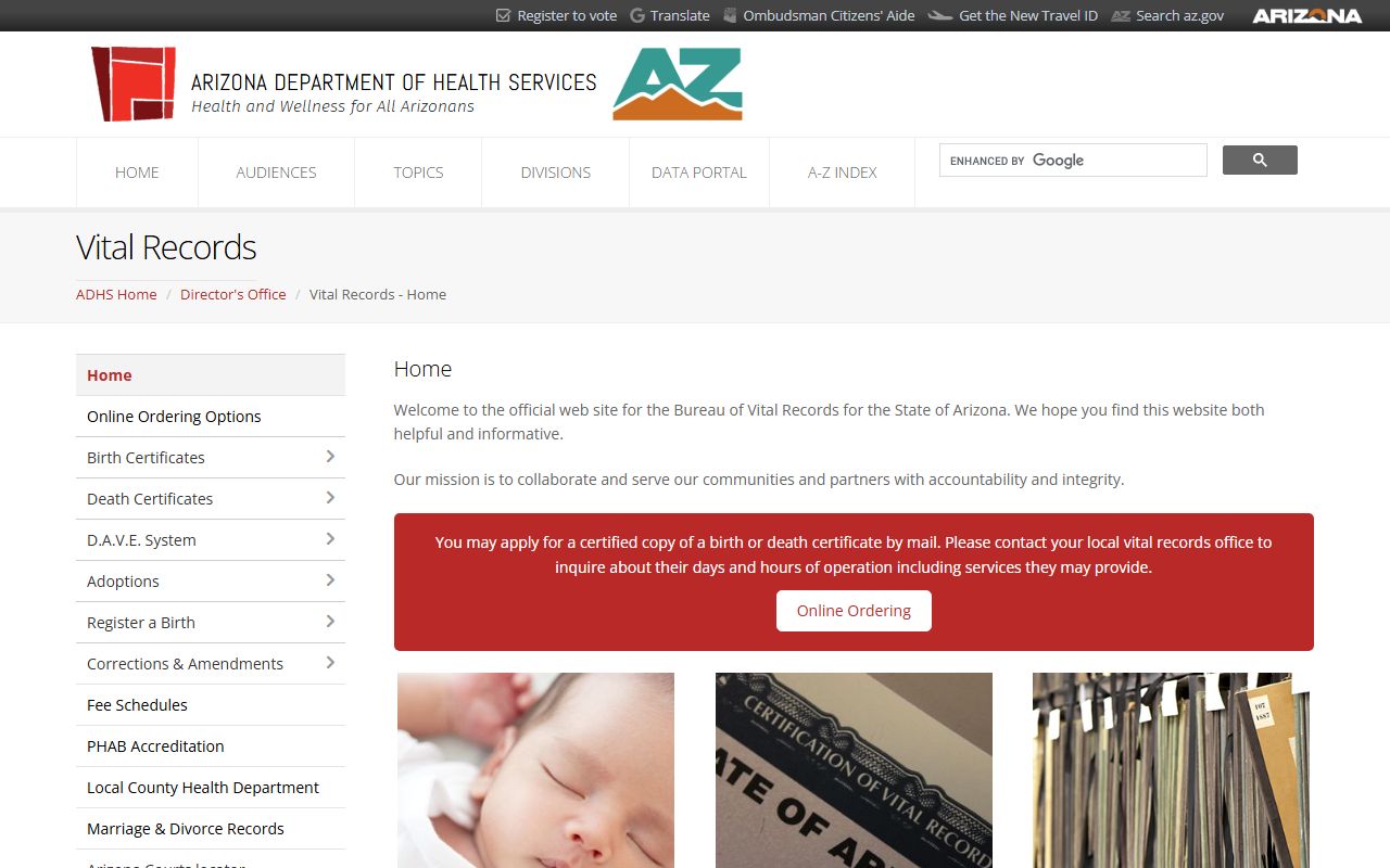Arizona vital records homepage for birth and death certificates
